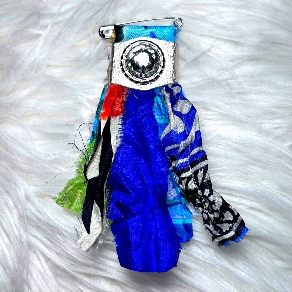 Boho | Fabric Brooch |,Hand Crafted Pin Crystal Embellished 5’ Silk and Lace